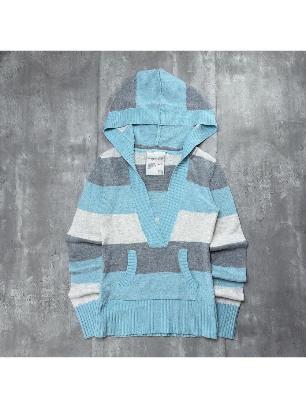 Y2K Light Blue Aeropostale Grunge Striped Knit Hoodie